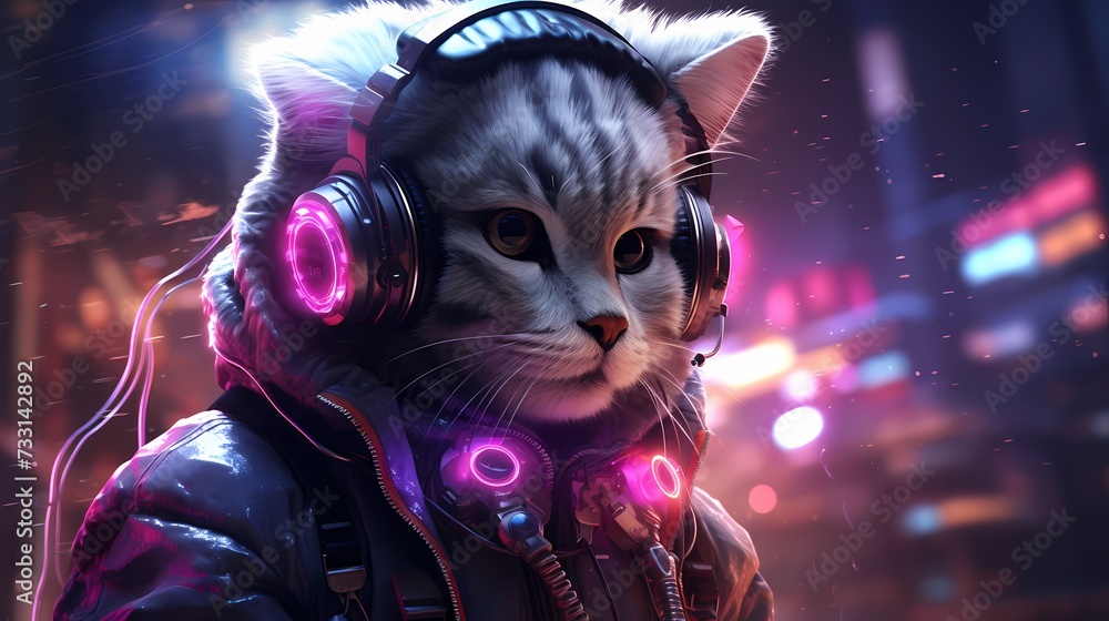 A futuristic robot cat with neon lights, wearing a cyberpunk outfit and enjoying electronic beats through advanced robotic headphones