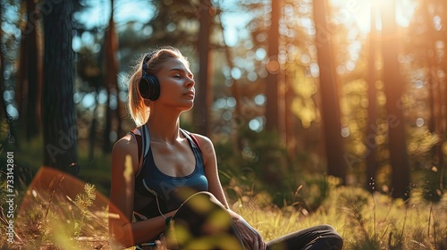 Calm music and fitness person in nature for mental health. Mindful melodies: Athlete woman immerses in nature for mental health.