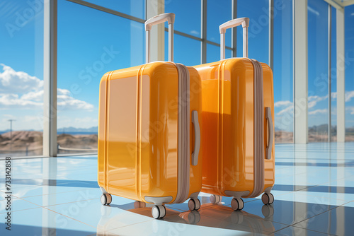 Two yellow suitcases near the airport windows.