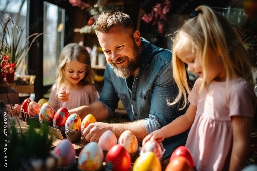 Fototapeta premium Happy family celebrating easter. parents and daughters drawing beautiful eggs together