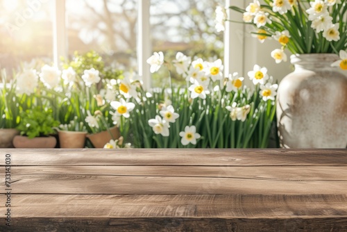 Empty wooden table over blooming white narcissus garden background. spring mock up. photo