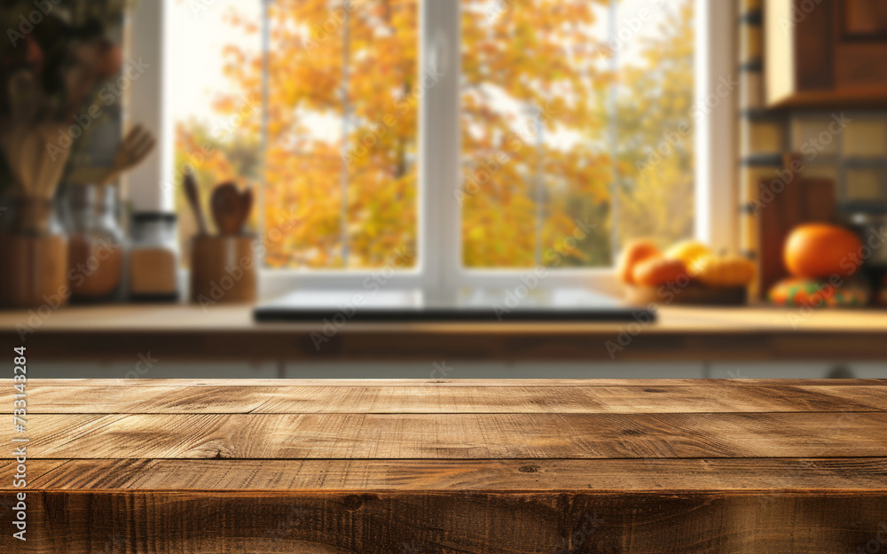 Empty wooden kitchen table over autumn maples background. mock up for design and product display.