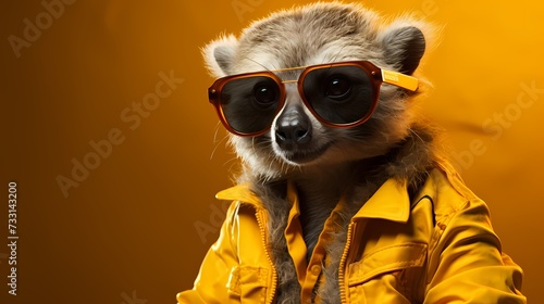 A hipster koala rocks a vintage-inspired ensemble, featuring suspenders and round spectacles, against a solid yellow background. The high-definition camera captures its retro-cool fashion sense ©  ALLAH LOVE