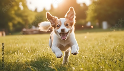 Spring, summer, playful happy pet dog puppy running in the grass and listening with funny ears