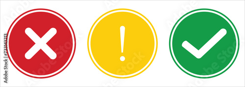 Set of flat round check mark, exclamation point, X mark icons, buttons isolated on a white background. EPS10 .