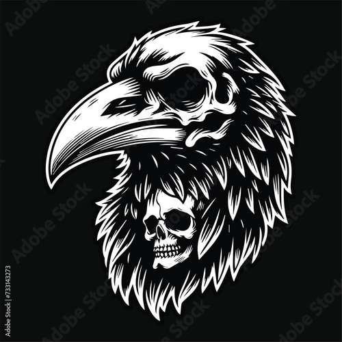 Dark Art Crow Head with Skull Black and White Illustration