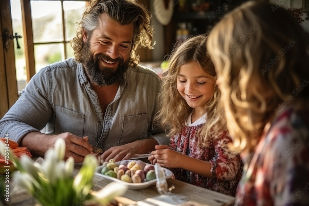 Happy family drawing and decorating easter eggs for celebration and holiday preparation Happy family drawing and decorating easter eggs for celebration and holiday preparation