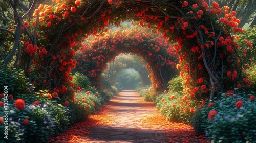 Flower arches and colorful greenery surround this beautiful fairytale garden. A beautiful digital painting background, illustration.