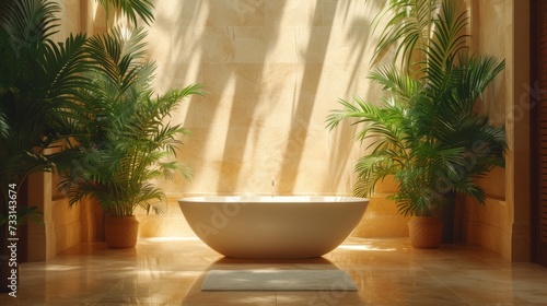 Monstera houseplant and bathtub in a light bathroom