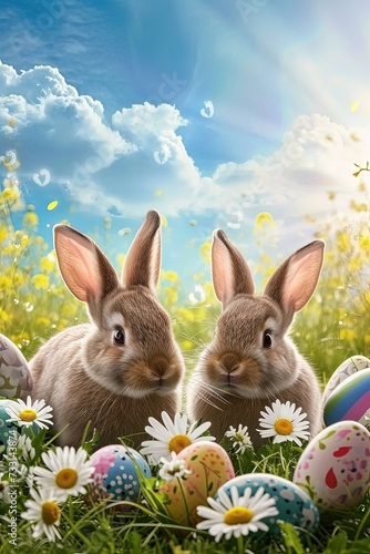 Wishing you a basketful of joy this Easter! Bunnies, vibrant eggs, and daisies add charm to this beautiful landscape.