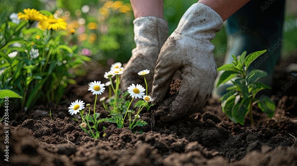 The gardener is planting flowers in the garden. Chamomile. Close-up of chamomile buds, soon to bloom under the gardener's watchful eye. The gardener is planting flowers in the garden. Chamomile. Close-up of chamomile buds, soon to bloom under the gardener's watchful eye.