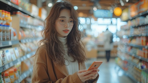 Millennial Woman Holding Smartphone While Shopping In Supermarket With Trolley Cart. Female Shopper Shopping With Checklist, Taking Products From Shelf.