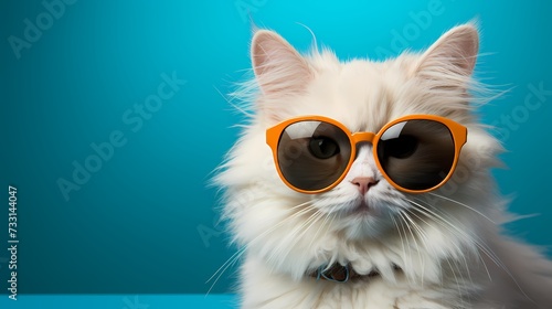 A modern cat dressed in trendy attire and stylish glasses strikes a pose against a vivid blue backdrop. Its cute expression and fashionable outfit make it utterly adorable