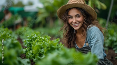 A smiling woman gardens in a vegetable patch