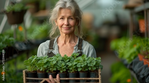 Gardener woman carries crate with plants in greenhouse.