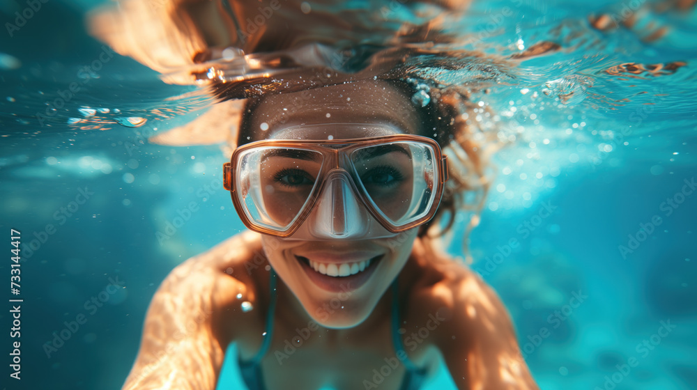 Fototapeta premium Joyful Woman Smiling Underwater While Snorkeling in Clear Blue Sea