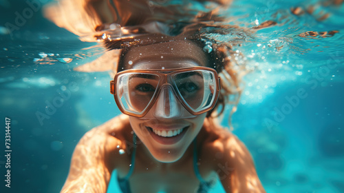 Joyful Woman Smiling Underwater While Snorkeling in Clear Blue Sea