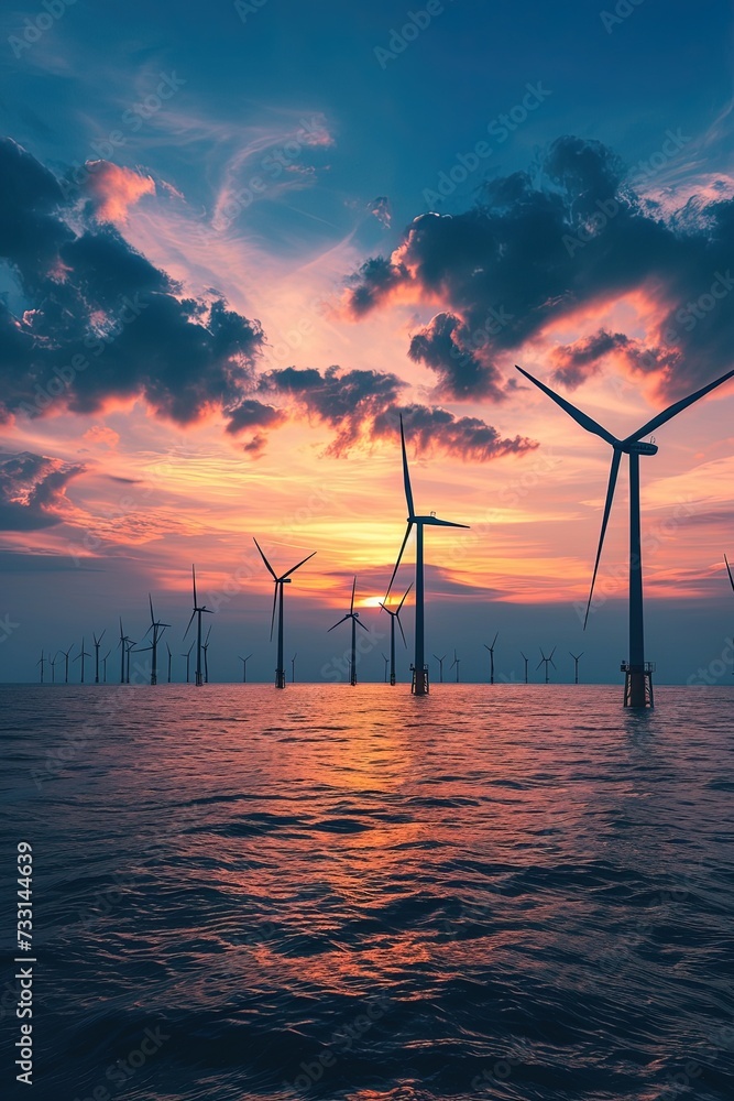 Offshore wind farm at beautiful dramatic sunset. The graceful dance of wind turbines, generating clean energy offshore.