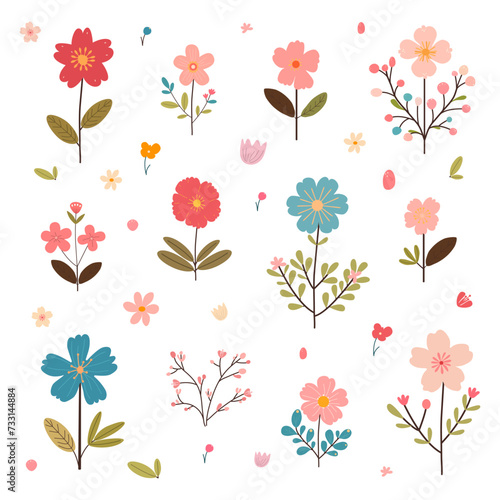 Isolated set of cute spring flowers and leaves in flat style. Design for fabric, packaging, textiles, wallpaper