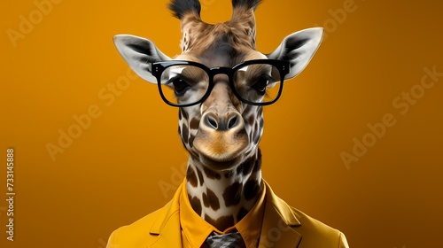 A sleek giraffe sports a trendy outfit and accessories with fashionable eyeglasses against a solid yellow background. The high-definition image highlights its modern style and elegant posture 
