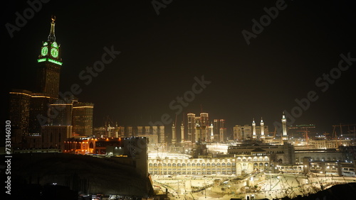 Night View of the Holly Mosque with Skyline and Abraj Al Bait (Royal Clock Tower Makkah) in Mecca, Saudi Arabia, Nov 30, 2023 photo
