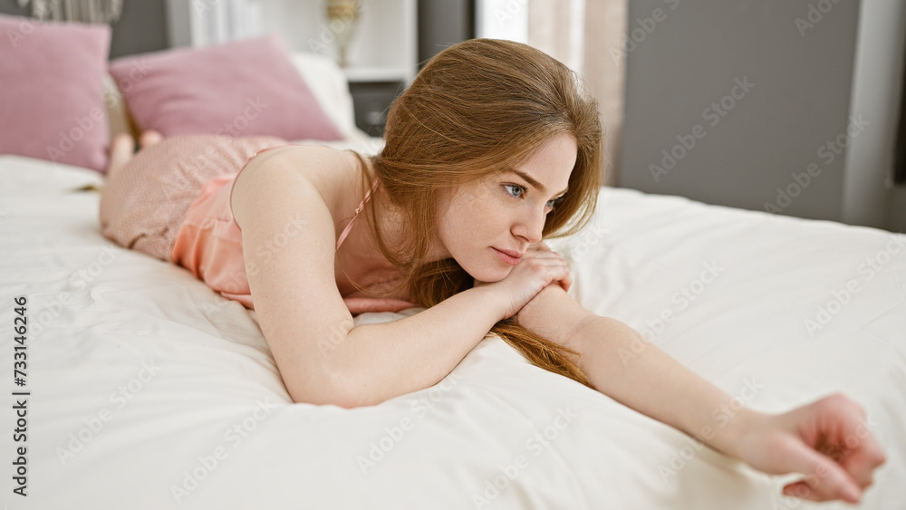 A contemplative young woman rests on a white bed in a well-lit bedroom, portraying tranquility and comfort. A contemplative young woman rests on a white bed in a well-lit bedroom, portraying tranquility and comfort.