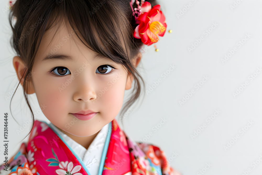 Closeup portrait of asian little girl wearing red kimono isolated on white background Closeup portrait of asian little girl wearing red kimono isolated on white background