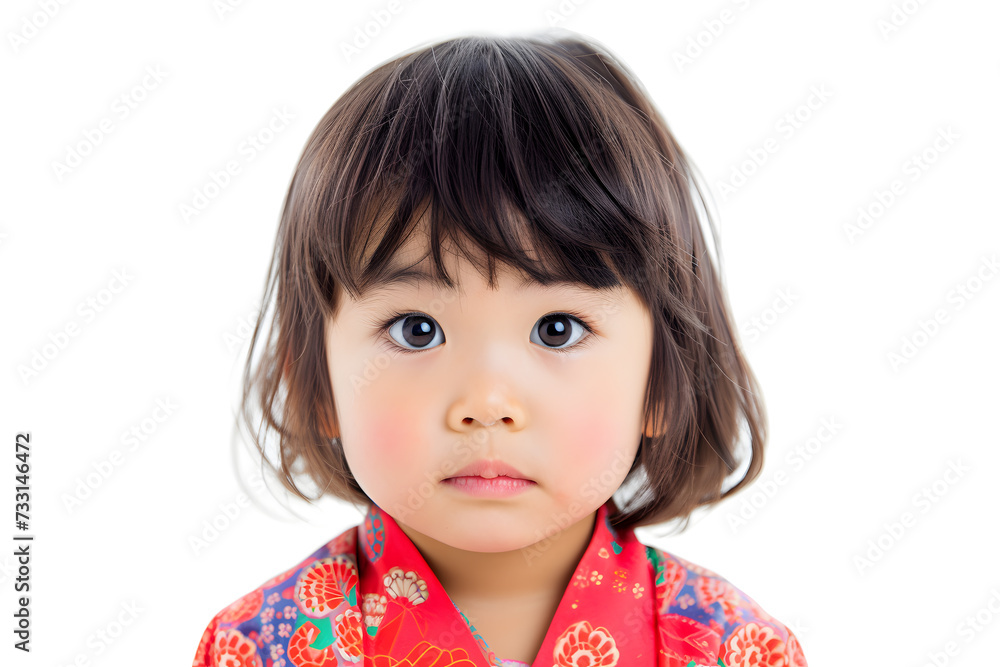 Closeup portrait of asian little girl wearing red kimono isolated on white background Closeup portrait of asian little girl wearing red kimono isolated on white background