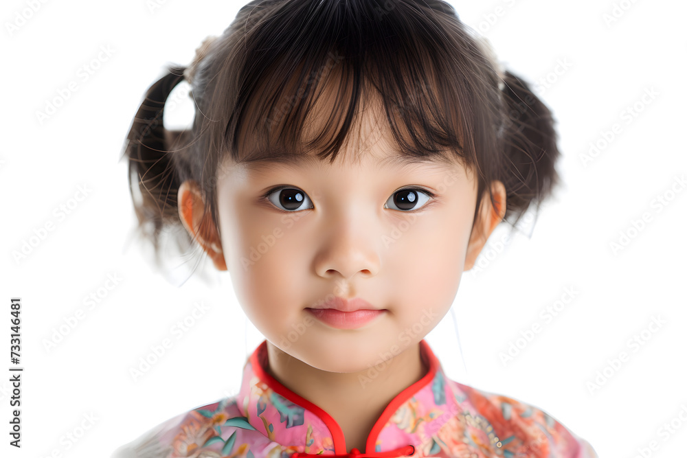 Closeup portrait of asian little girl wearing red kimono isolated on white background Closeup portrait of asian little girl wearing red kimono isolated on white background