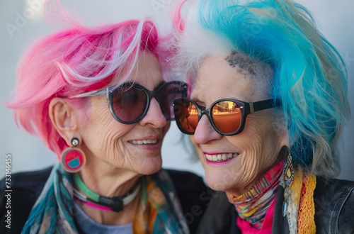 Two joyful elderly women, colorful hairstyles and fashionable sunglasses, represent vigorous aging