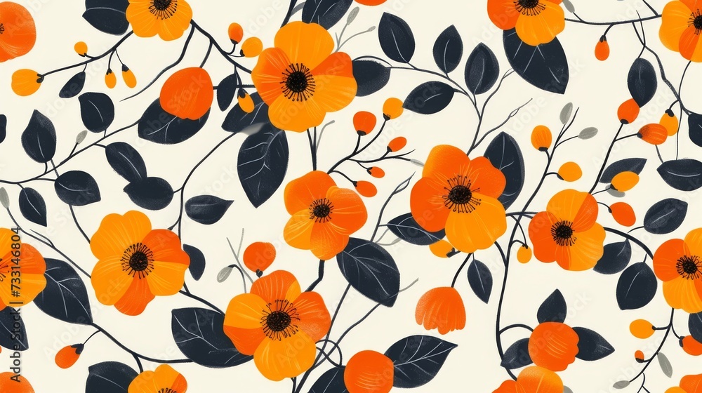 Minimalistic floral pattern in vivid bright colors. Abstract shapes of flowers and leaves in style vector illustration