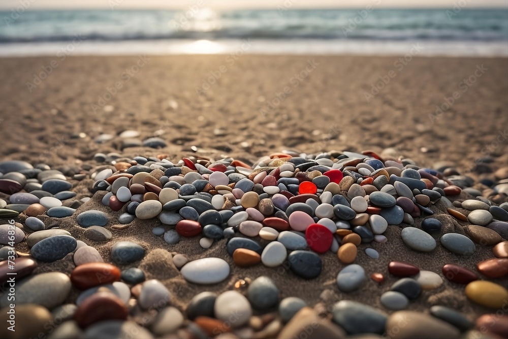 A unique and creative design featuring a heart made of multicolored pebbles, set against a beautiful beach backdrop. A unique and creative design featuring a heart made of multicolored pebbles, set against a beautiful beach backdrop.