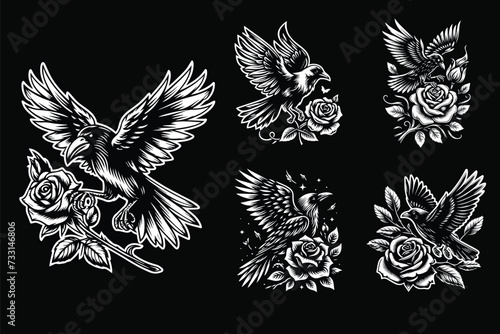 Dark Art Crow Flying Use Wing with Rose Flower Black and White Illustration