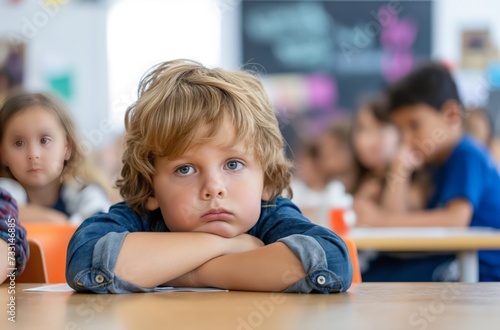 A young boy rests his head on his arms at a desk, looking bored or thoughtful amidst other students in a classroom
