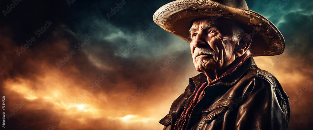 Old cowboy. Close-up of an elderly man in a cowboy hat. Heroic image of a man. Copy space. AI generated Old cowboy. Close-up of an elderly man in a cowboy hat. Heroic image of a man. Copy space. AI generated