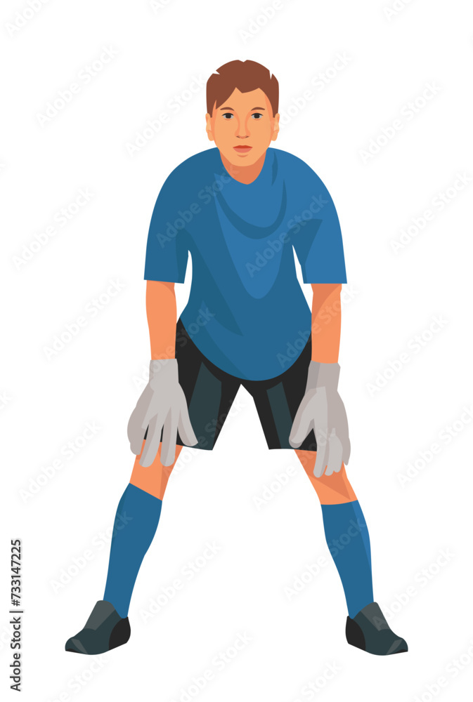 Teenage goalkeeper of junior football teem in blue uniform and gloves who stands upright in goal and waits for the ball Teenage goalkeeper of junior football teem in blue uniform and gloves who stands upright in goal and waits for the ball