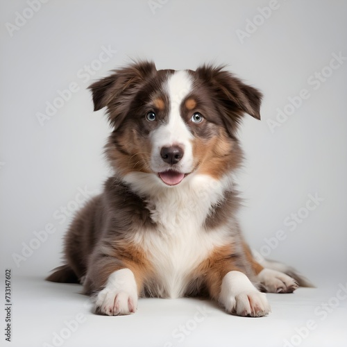 The studio portrait of the puppy dog Australian Shepherd lying on the white background  looking at the copy space