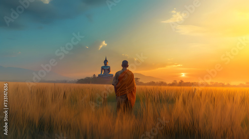 Asian monk walking in the field at sunset photo
