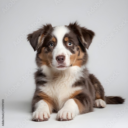 The studio portrait of the puppy dog Australian Shepherd lying on the white background, looking at the copy space © JazzRock
