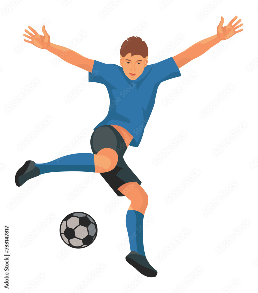Vector isolated figure of playing football schoolboy in blue T-shirt who jumps up preparing to kick the ball with his foot