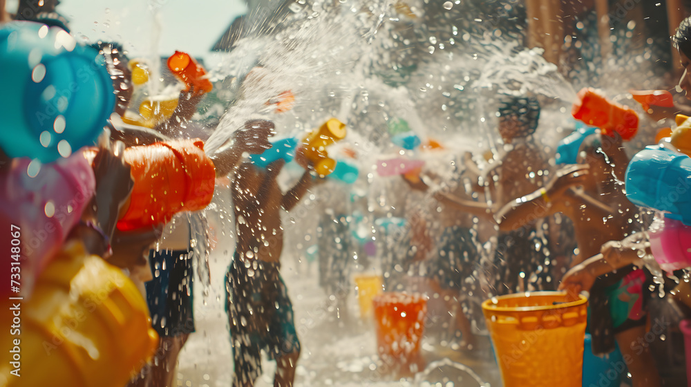 Photo of a group of people splashing water on each other during Songkran, with colorful water guns and buckets in the foreground. - obrazy, fototapety, plakaty 