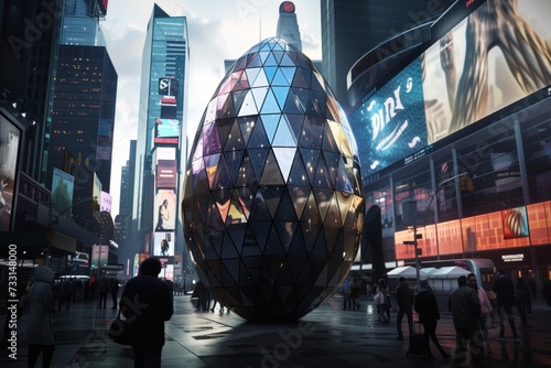 large futuristic-looking Easter egg with reflective surfaces, located in the center of a busy city square photo