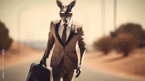 A sophisticated kangaroo in a business suit, carrying a briefcase