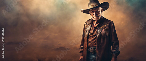 Old cowboy. An elderly man in a cowboy hat. Heroic image of a man. AI generated