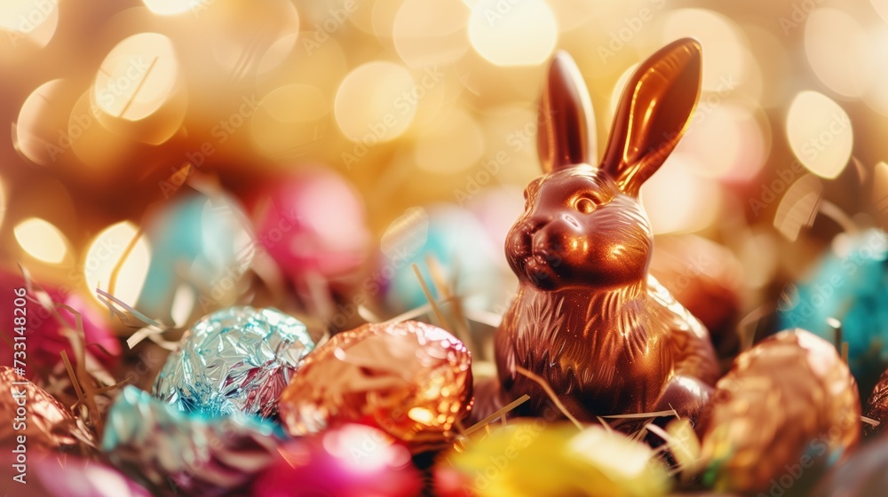 Chocolate Easter bunny among a collection of colorful Easter eggs in a package. The background is bokeh with warm golden hues enhancing the festive atmosphere.
