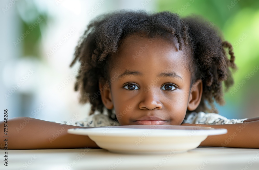 A young African American girl rests her chin on a table, looking forward with hopeful eyes over an empty plate, symbolizing hunger and anticipation A young African American girl rests her chin on a table, looking forward with hopeful eyes over an empty plate, symbolizing hunger and anticipation