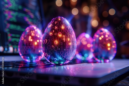 Close-up of Easter eggs with luminous digital patterns located on the programmer's workplace. The eggs emit multicolored neon light