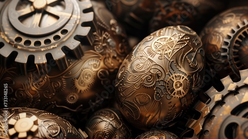 close-up of intricately designed metal Easter eggs, reminiscent of steampunk aesthetics. They are decorated with gears, cogs and other mechanical motifs in bronze, gold and dark colors