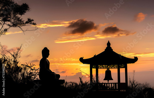 Silhouette of Buddha statue on the mountain at sunset