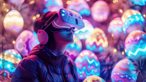person wearing virtual reality goggles is immersed in a bright, colorful virtual world filled with patterned Easter eggs